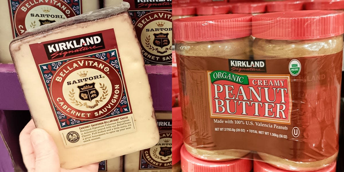 On the left, red and clear packages of satori cheese in purple boxes at Costco. On the right, Red and brown package of kirkland peanut butter at costco.