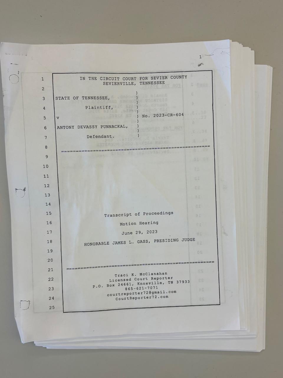 The transcript documents from a June 2023 Sevier County Circuit Court hearing at which former Gatlinburg priest Rev. Antony Punnackal's internet search history was discussed. The information was not presented to the jury, which later acquitted him of sexual abuse.