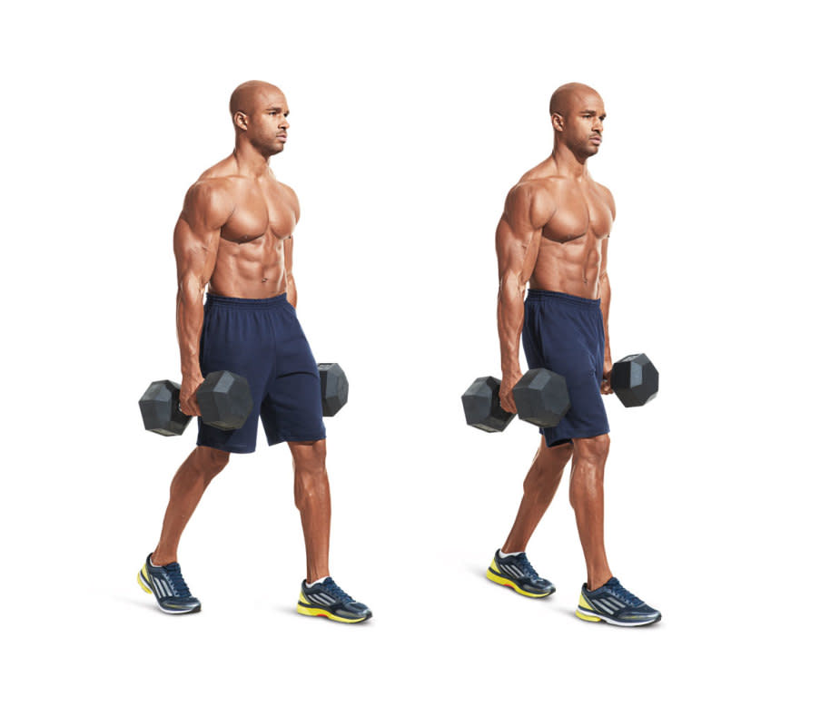 How to do it:<ul><li>Pick up the heaviest set of dumbbells you can handle and walk.</li><li>Squeeze the handles hard and walk with your chest out and shoulders back.</li><li>If you don’t have the space to walk in a straight line, walk in a figure-eight pattern.</li></ul>