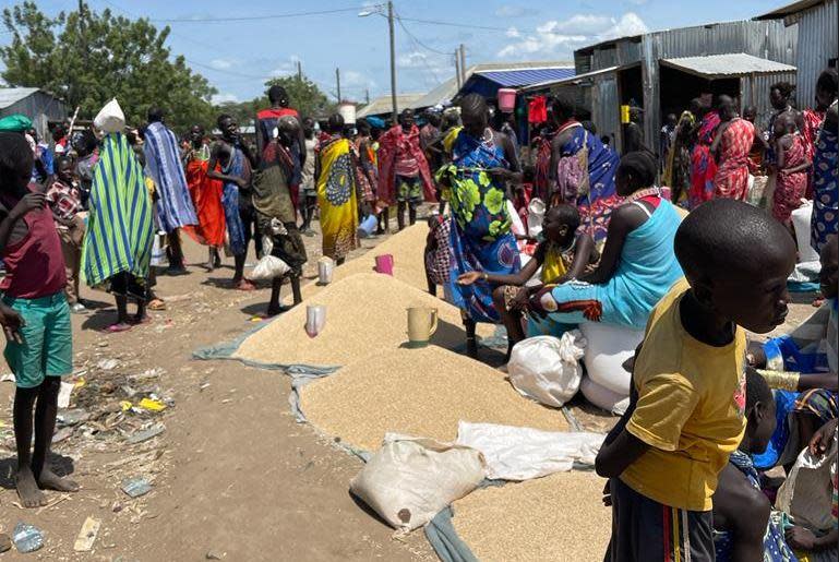 Grain is seen for sale at a market in Kapoeta, South Sudan, where prices have risen almost 100% as the war in Ukraine drives up the costs of staples like wheat and corn, and the fuel required to move them around the world.  / Credit: CBS News