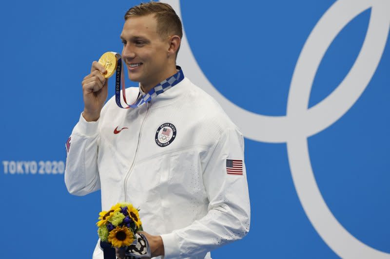 Caeleb Dressel, a seven-time Olympic gold medalist, finished third in the 100-meter freestyle to qualify for the relay team at Paris 2024. File Photo by Tasos Katopodis/UPI