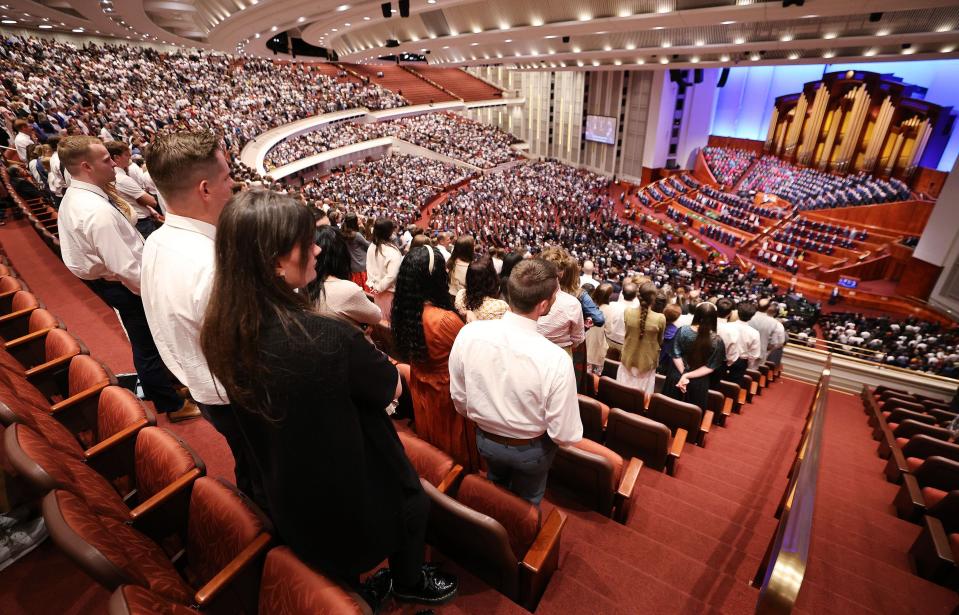Attendees sing during the 193rd Semiannual General Conference of The Church of Jesus Christ of Latter-day Saints at the Conference Center in Salt Lake City on Saturday, Sept. 30, 2023. | Jeffrey D. Allred, Deseret News