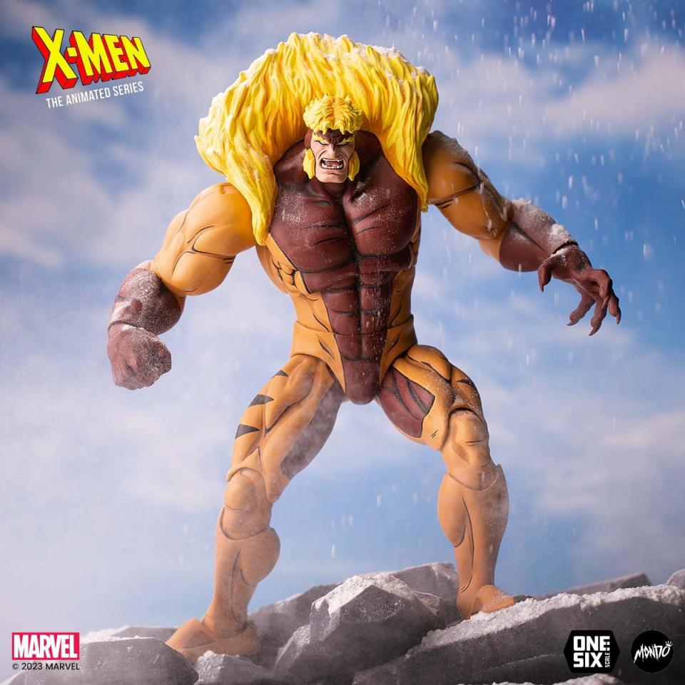 Mondo's X-Men: The Animated Series Sabretooth 1/6 action figure in an attack pose.