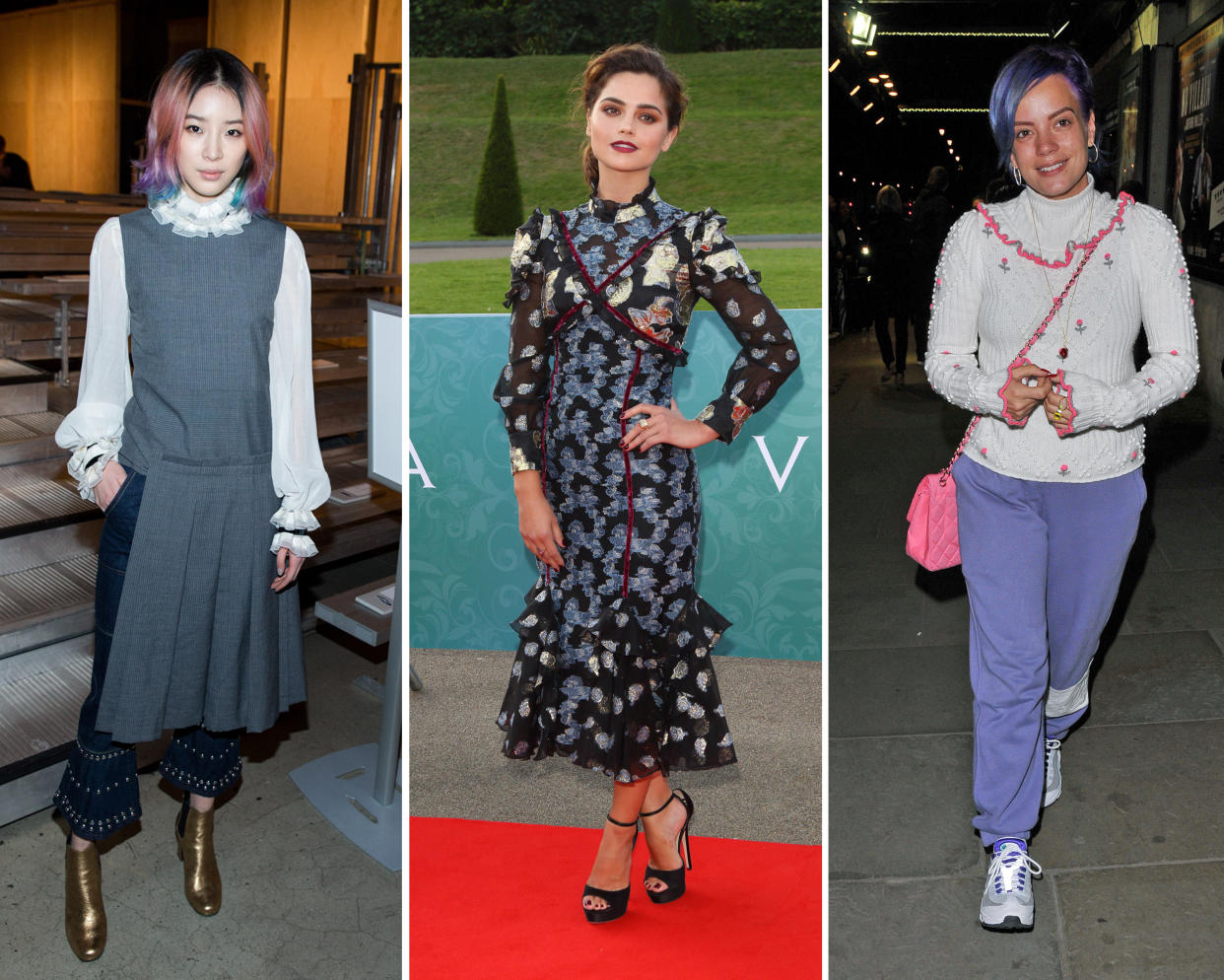 Irene Kim, Jenna Coleman und Lily Allen (v. l.) zeigen drei verschiedene Rüschenkragen-Styles. (Bild: AP Photo / ddp Images)