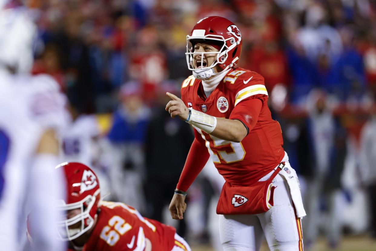 Kansas City Chiefs quarterback Patrick Mahomes calls out a play during a divisional playoff win.