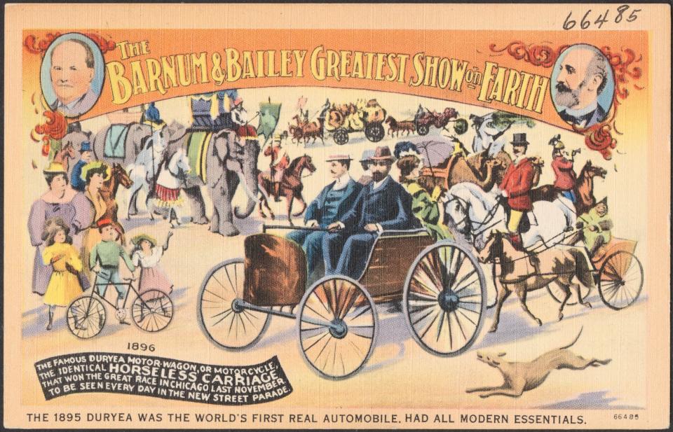 A postcard from The Barnum & Bailey's Greatest Show on Earth depicts the 1895 Duryea Motor Wagon, produced in Springfield, Massachusetts. Duryea was the first practical car company in America.
