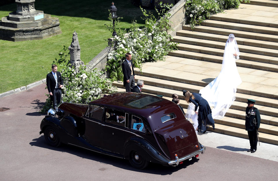 Meghan Markle arrives at St George's Chapel at Windsor Castle for her wedding to Prince Harry. (Photo: PA Wire/PA Images)