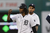 Detroit Tigers starting pitcher Jose Urena walks off the mound after being removed during the sixth inning of the team's baseball game against the Cleveland Indians, Wednesday, May 26, 2021, in Detroit. (AP Photo/Carlos Osorio)