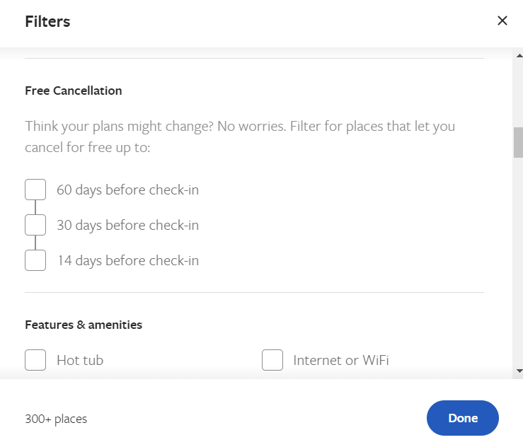 Vrbo users can filter their search results to show properties with flexible cancellation policies.