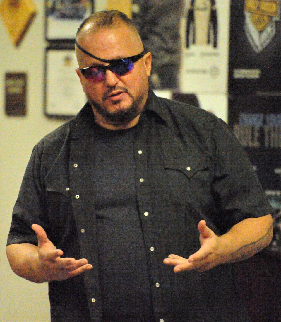 Oath Keepers founder Stewart Rhodes speaks during a Wichita Falls meeting Thursday, June 24, 2021.