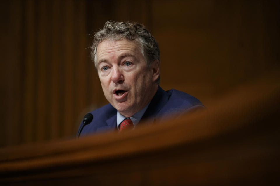 FILE - In this March 5, 2019, file photo, Sen. Rand Paul, R-Ky., speaks during a Senate Committee on Health, Education, Labor, and Pensions hearing on Capitol Hill in Washington. Paul and Wyoming Rep. Liz Cheney are battling over President Donald Trump's foreign policy. Both engaged in a rapid-fire exchange of tweets on Sept. 11 and 12 in which he suggested she is a warmonger and she called him a “loser.” (AP Photo/Carolyn Kaster, File)