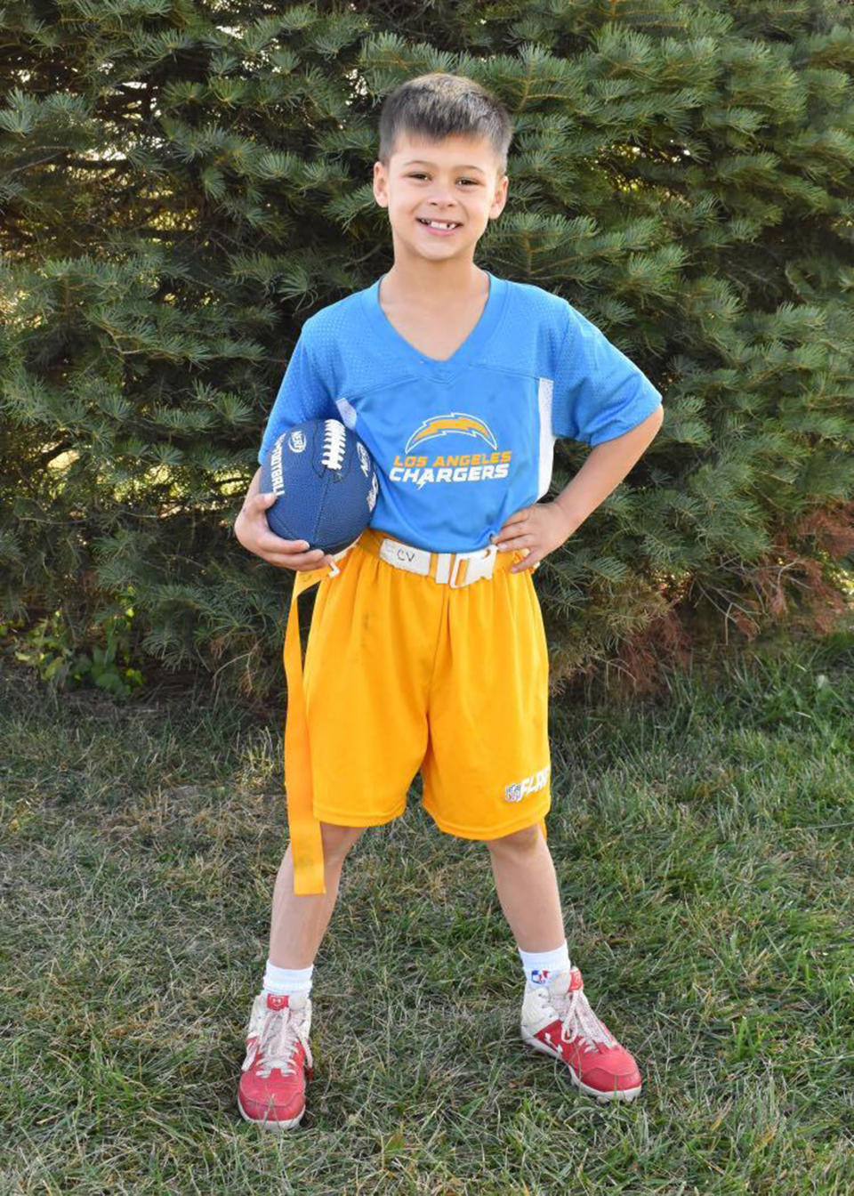 Kyle Vilmont's son, proudly sporting his flag football uniform. (Courtesy Kyle Vilmont)