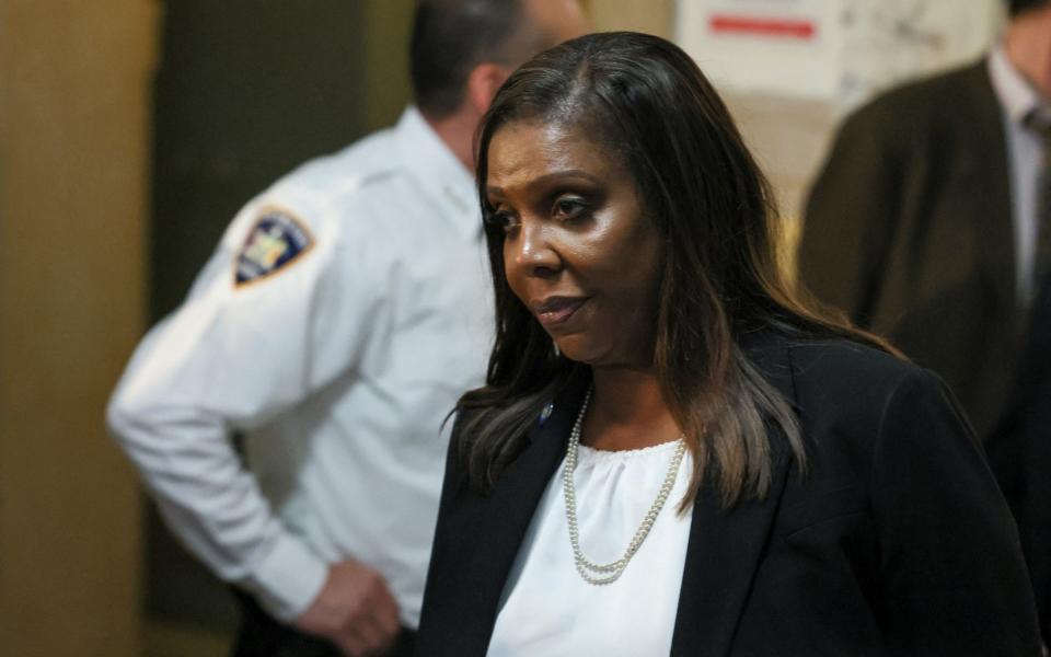 Letitia James walks outside the courtroom on the day Donald Trump attends the trial of himself, his adult sons, the Trump Organization and others