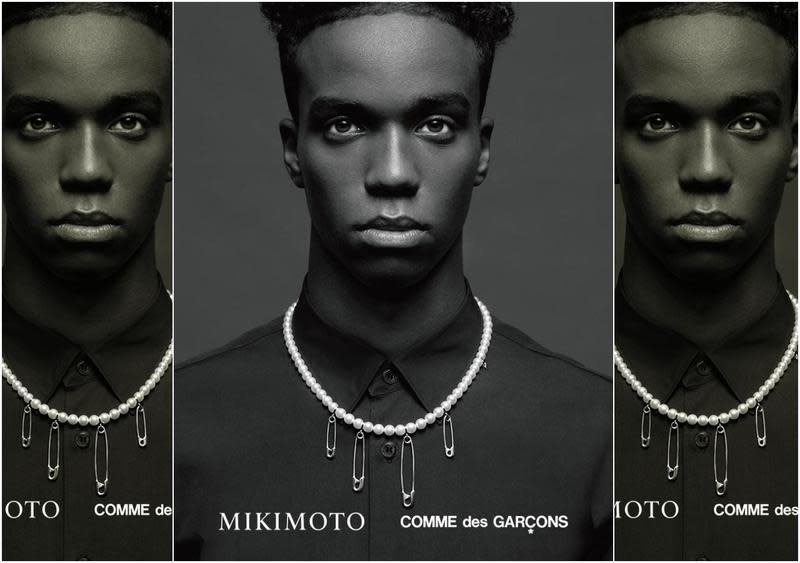 MIKIMOTO x COMME des GARÇONS二度合作，以別針、鉚釘、尖牙與珍珠做出反差卻完美的結合。別針綴飾款NT$210,000（MIKIMOTO提供）