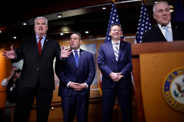 From left to right: House Majority Whip Tom Emmer (R-Minn.) talks to reporters during a news conference with Rep. Anthony D'Esposito (R-N.Y.), Rep. Michael Cloud (R-La.) and House Majority Leader Steve Scalise (R-La.) on Jan. 10 in Washington, D.C.