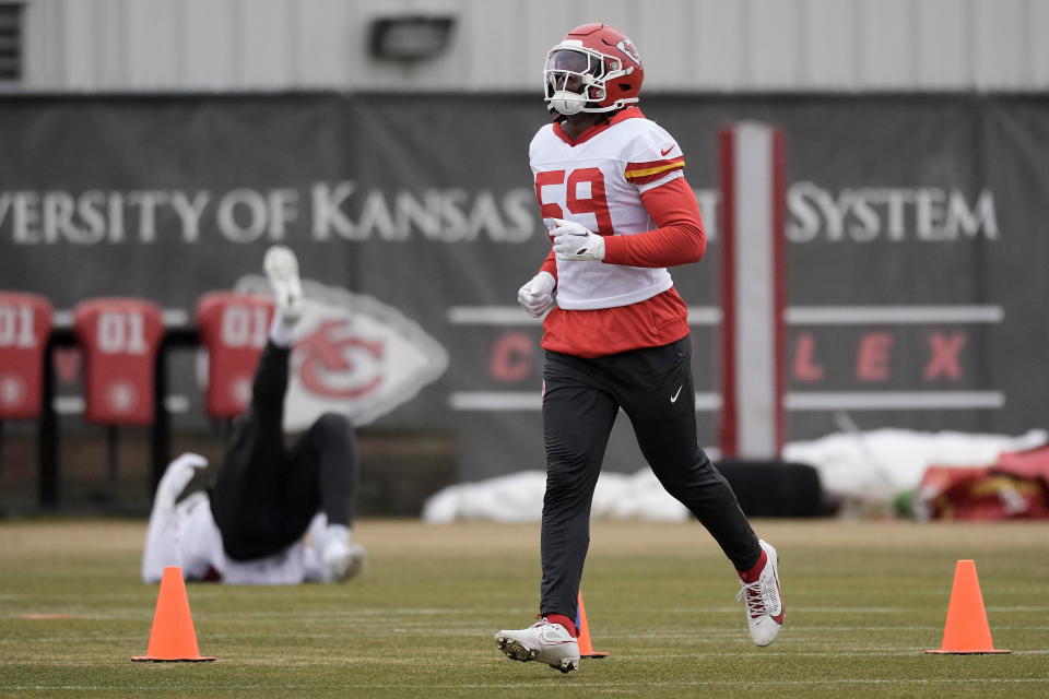 Kansas City Chiefs linebacker Darius Harris runs during the NFL football team’s practice Friday, Jan. 26, 2024, in Kansas City, Mo. (AP Photo/Charlie Riedel) 