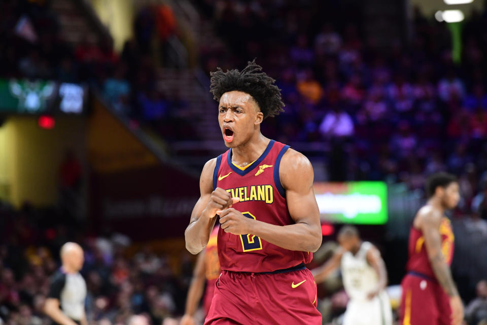 CLEVELAND, OHIO - MARCH 20: Collin Sexton #2 of the Cleveland Cavaliers celebrates after scoring against the Milwaukee Bucks during the second half at Quicken Loans Arena on March 20, 2019 in Cleveland, Ohio. The Cavaliers defeated the Bucks 107-102. NOTE TO USER: User expressly acknowledges and agrees that, by downloading and or using this photograph, User is consenting to the terms and conditions of the Getty Images License Agreement. (Photo by Jason Miller/Getty Images)