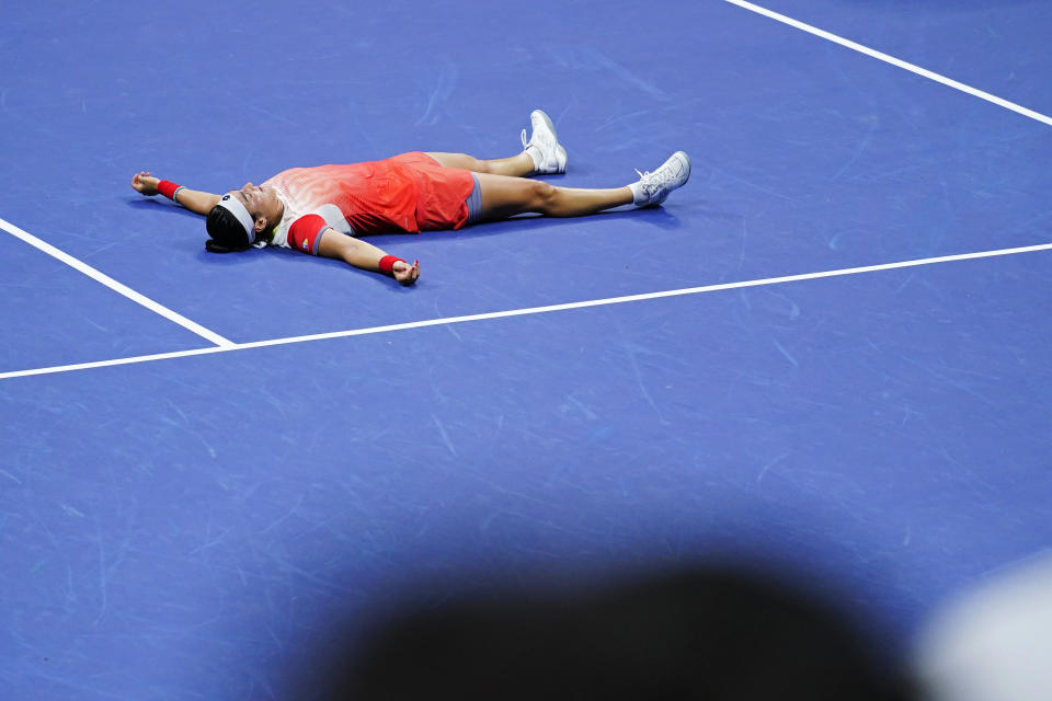 Ons Jabeur, of Tunisia, reacts after defeating Caroline Garcia, of France, in the semifinals of the U.S. Open tennis championships on Thursday, Sept. 8, 2022, in New York. (AP Photo/Matt Rourke)