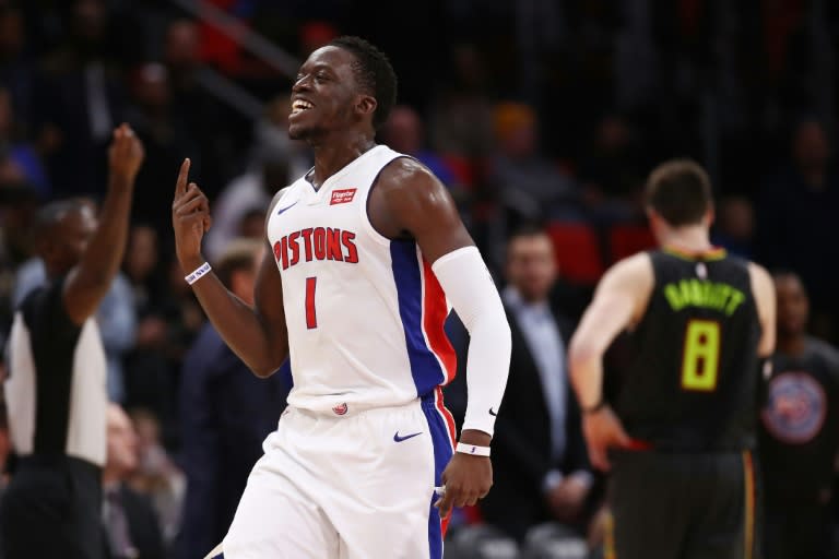 Reggie Jackson of the Detroit Pistons reacts reacts to a call late in their game against the Atlanta Hawks, at Little Caesars Arena in Detroit, Michigan, on November 10, 2017