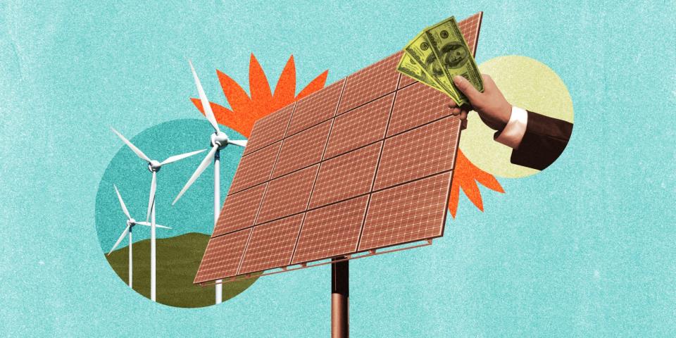 The Great Transition Series: Solar Panel, wind turbines and businessman hand holding with money surrounded by sustainability graphic elements