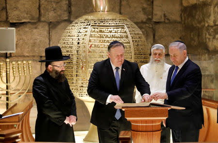 Israeli Prime Minister Benjamin Netanyahu and U.S. Secretary of State Mike Pompeo visit the Western Wall Tunnels in Jerusalem's Old City March 21, 2019. Abir Sultan/ Pool via REUTERS