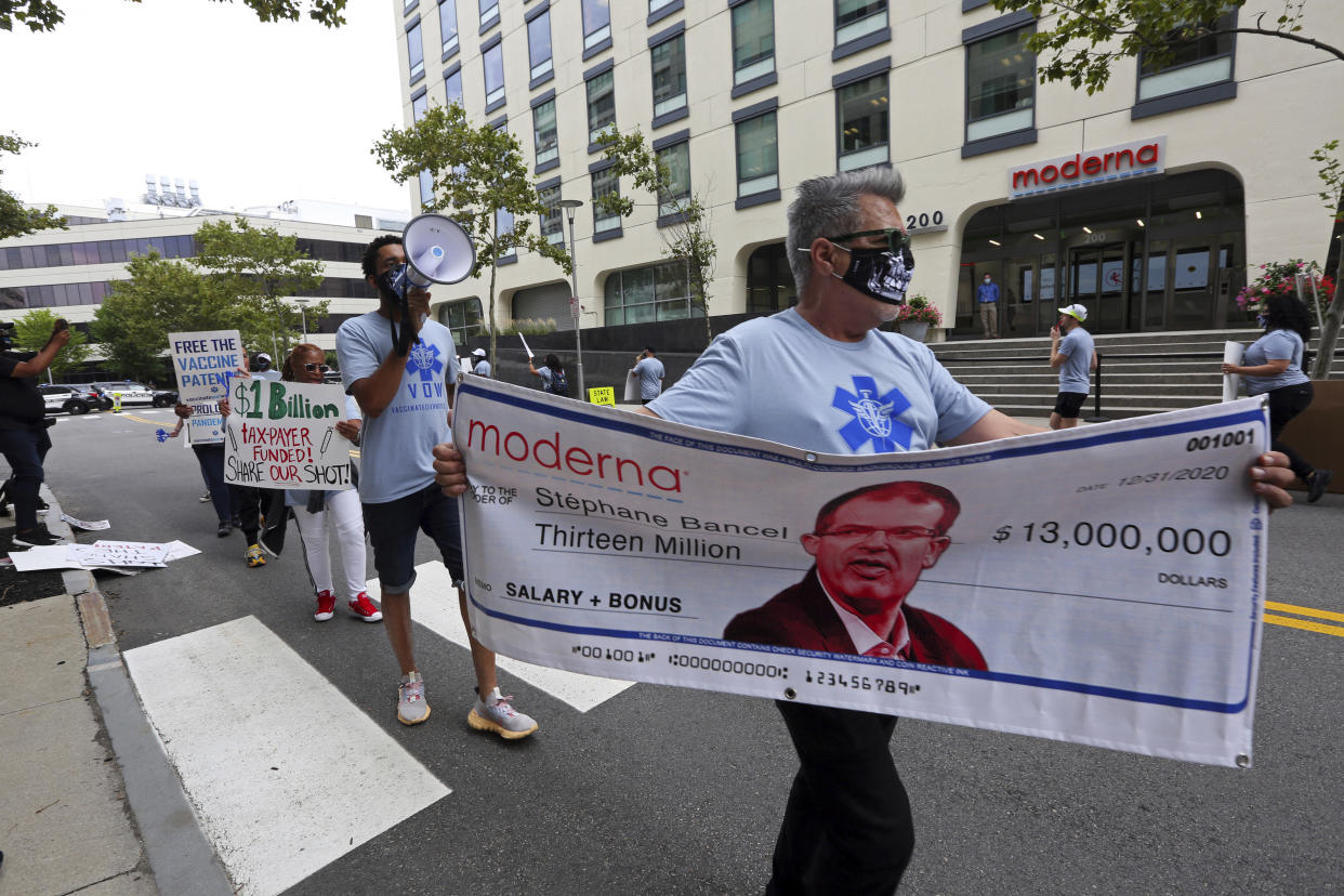 IMAGE DISTRIBUTED FOR AIDS HEALTHCARE FOUNDATION - Sal Guillen joins advocates from AIDS Healthcare Foundation (AHF), several of its partner organizations, and other concerned citizens held a protest and 'die in' in front of the world headquarters of COVID-19 vaccine maker Moderna, on Tuesday, August 31, 2021, in Cambridge, Mass. as part of a 