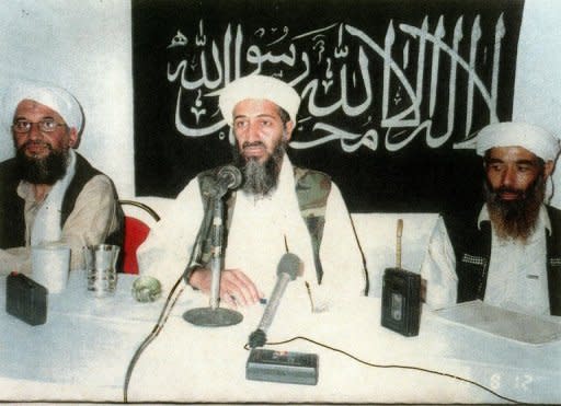 A photo obtained in 2001 from the office of the US Attorney for the Southern District of New York shows Osama bin Laden (C), Ayman Al-Zawahiri (L), and founder of the Egyptian Islamic Jihad Muhammad Atef (R). Al-Qaeda named its second in command Zawahiri to succeed slain chief bin Laden and vowed to pursue its "jihad' against the US and Israel