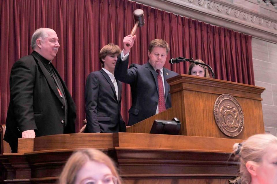 Missouri House Speaker Dean Plocher bangs the gavel on the final day of session. Plocher believes Missouri voters would approve an abortion rights measure.