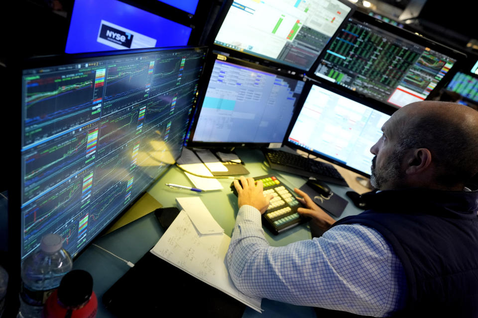 Specialist James Denaro works at his post on the floor of the New York Stock Exchange, Wednesday, June 12, 2024. U.S. stocks are rallying Wednesday following a surprisingly encouraging update on inflation. (AP Photo/Richard Drew)