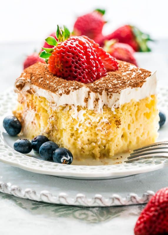 <p>Jo Cooks</p><p>The quintessential Mexican dessert is soft and delicious and will melt in your mouth.</p><p><strong>Get the recipe: <a href="https://www.jocooks.com/recipes/tres-leches-cake/" rel="nofollow noopener" target="_blank" data-ylk="slk:Tres Leches Cake;elm:context_link;itc:0;sec:content-canvas" class="link ">Tres Leches Cake</a></strong></p>