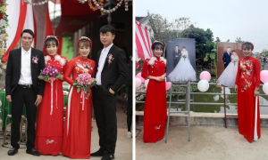 一對越南姐妹花合辦一場婚禮，要求賓客付兩份禮金給兩對新人，引發不少網友批評。（圖／翻攝自臉書）