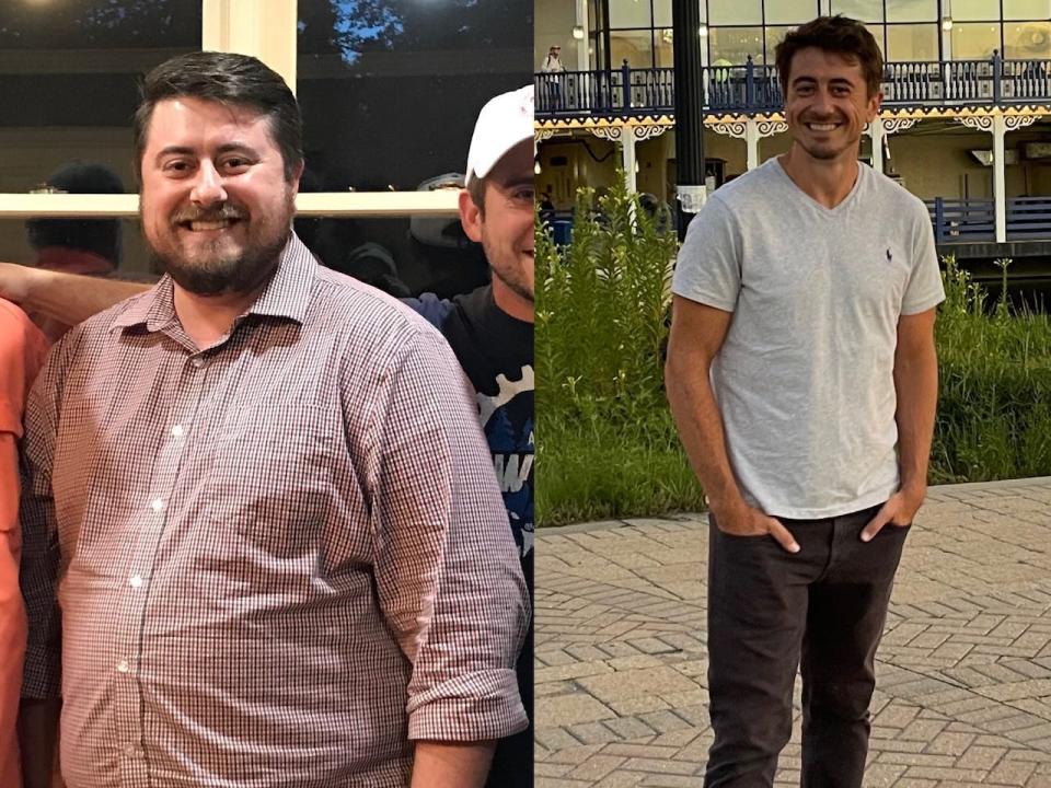 A composite of Chris Terrell wearing a patterned button-down shirt while standing in a group next to a picture of Terrell after the weight loss, where he is wearing a white shirt and black jeans.