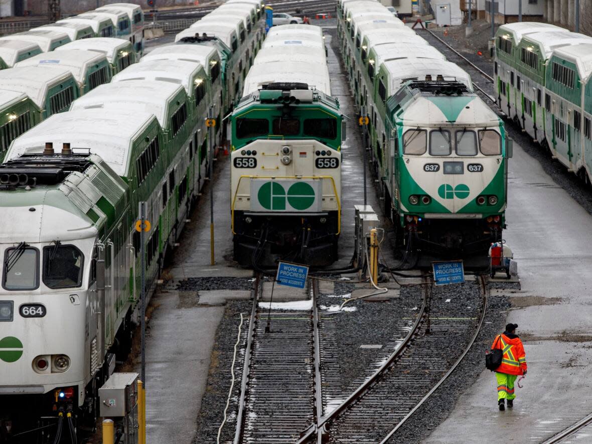 A GO Transit train, similar to one of these in this file photo, struck a pregnant woman and child in 2019 in Kitchener, prompting an investigation by the Transportation Safety Board of Canada, which released its report Thursday. (Evan Mitsui/CBC - image credit)