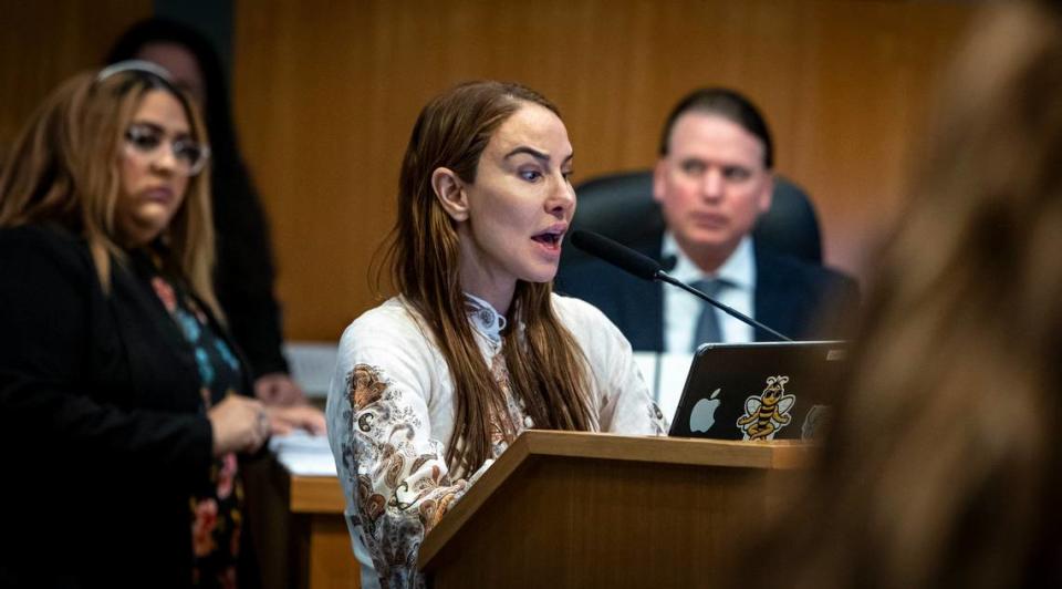 Miami, Florida, January 11, 2024 - Leila Centner, center, speaks to the Miami City Commission during the public speaking portion of today’s commission meeting.

