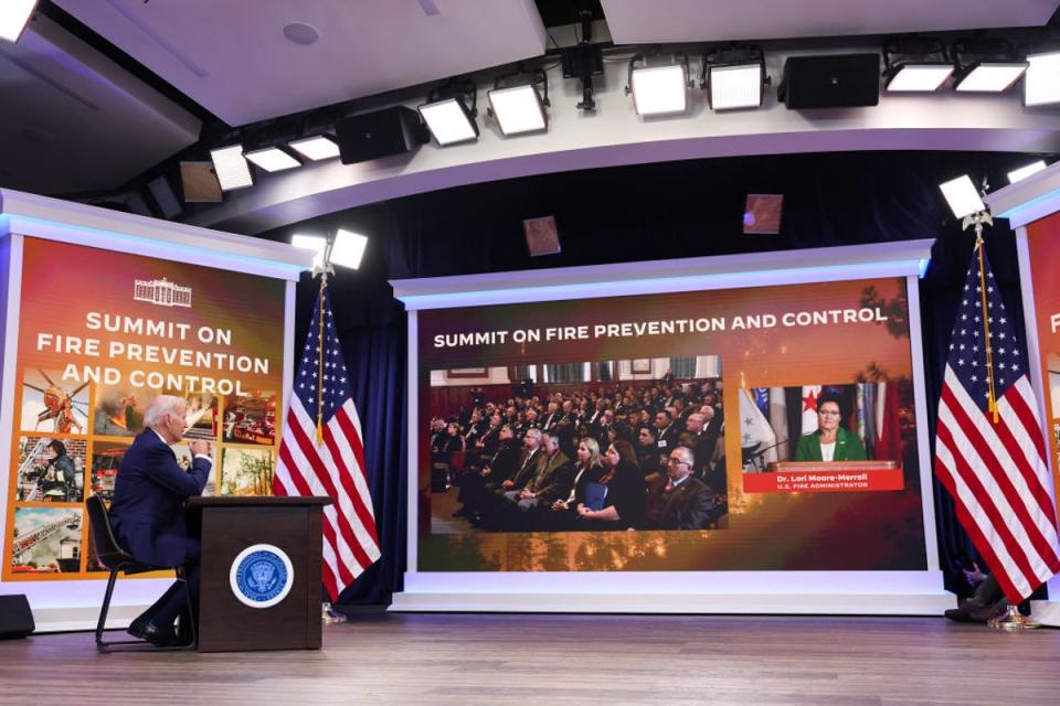 President Joe Biden delivers remarks at the Summit on Fire Prevention and Control in 2022. He raised federal firefighter entry pay to $15 p/h and urged Congress to take up the issue to make the raise permanent (Getty Images)