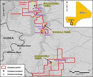 Location of Compass Gold’s western permit areas.  Target trends are illustrated in yellow with corresponding prospects (purple text).