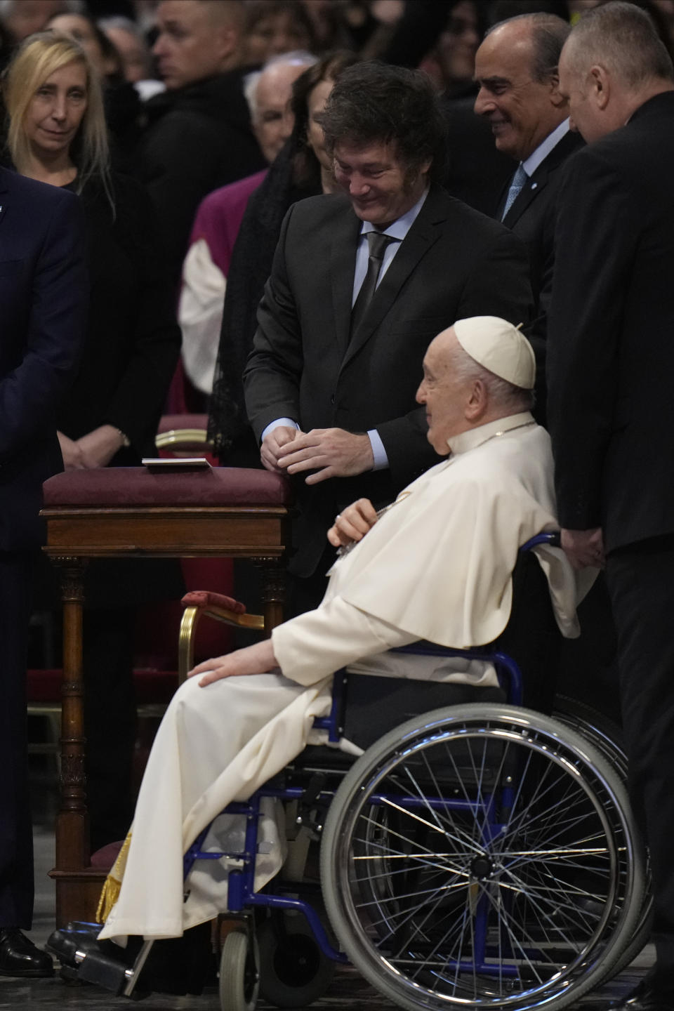 From left, Argentine Secretary-General of the Presidency Karina Milei, Argentine President Javier Milei, and Interior MInister Guillermo Francos meet with Pope Francis at the end of the canonization of new Argentine Saint, María Antonia de Paz y Figueroa also known as "Mama Antula" presided over by Pope Francis in St. Peter's Basilica at The Vatican, Sunday, Feb. 11, 2024. (AP Photo/Alessandra Tarantino)