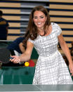 On the eve of the Olympics opening ceremony in her hometown, Kate Middleton looked pretty impressive at the ping pong table when she, husband Prince William, and brother-in-law Prince Harry visited Bacon's College in London. The three were there to help launch the Coach Core program, a joint initiative between their Royal Foundation and Greenhouse to inspire coaches to become mentors to underprivileged teens. But Kate ending up making more headlines for looking stunning in her $60 off-the-rack dress than for her table tennis skills! (7/26/2012)