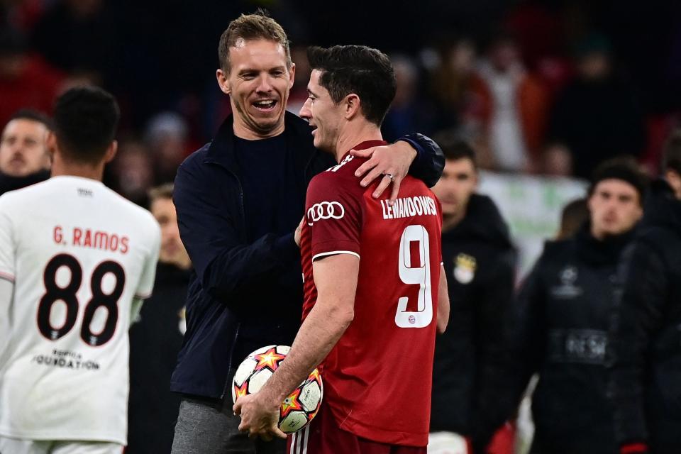 Bayern manager Julian Nagelsmann hugs striker Robert Lewandowski (Getty)
