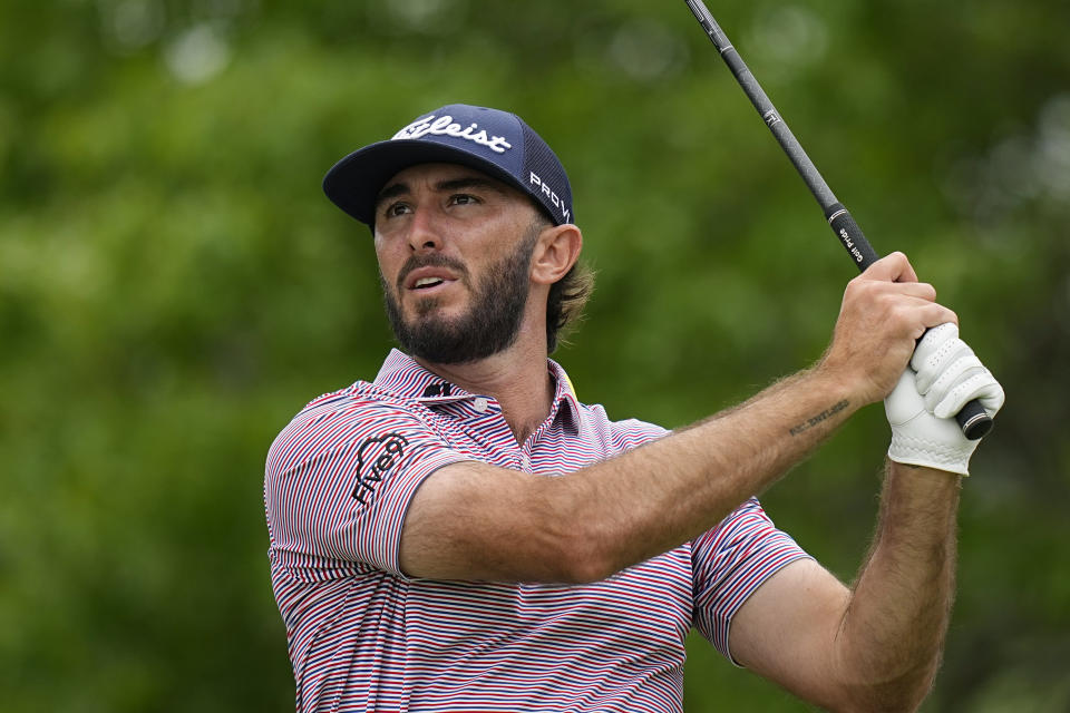 Max Homa watches his drive on the sixth hole hole during the first round of matches at the WGC-Dell Technologies Match Play golf tournament in Austin, Texas, Wednesday, March 22, 2023.(AP Photo/Eric Gay)