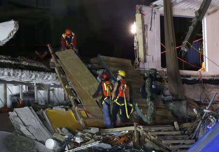 Members of rescue teams work at a collapsed building after an earthquake in Mexico City, Mexico September 28, 2017. REUTERS/Henry Romero