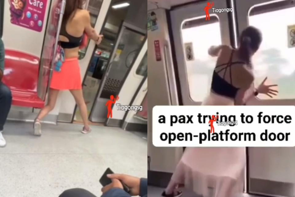 男子扮女裝搭乘地鐵，不但阻止車門關閉，當列車行駛時還強行開車門。（翻攝自IG@tiagong_sg）