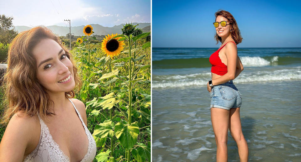 Odemaris Ruiz in a field of sunflowers. Right, Odemaris Ruiz stands in the water at a beach.