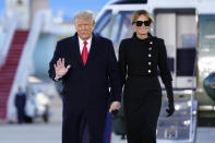 President Donald Trump and first lady Melania Trump arrive on Marine One before boarding Air Force One at Andrews Air Force Base, Md., Wednesday, Jan. 20, 2021.(AP Photo/Manuel Balce Ceneta)