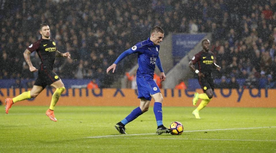 Football Soccer Britain - Leicester City v Manchester City - Premier League - King Power Stadium - 10/12/16 Leicester City's Jamie Vardy scores their third goal Reuters / Darren Staples Livepic EDITORIAL USE ONLY. No use with unauthorized audio, video, data, fixture lists, club/league logos or "live" services. Online in-match use limited to 45 images, no video emulation. No use in betting, games or single club/league/player publications. Please contact your account representative for further details.