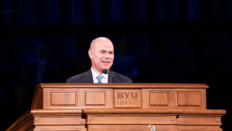 Elder Alvin F. Meredith III speaks to students in the BYU–Idaho Center on Tuesday, May 16, 2023. Moments before this, he was named the school’s new president, effective Aug. 1, 2023.  
