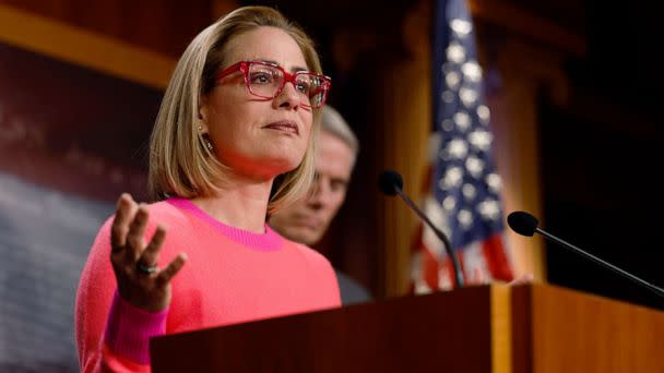 PHOTO: Sen. Kyrtsen Sinema (D-AZ) speaks at a news conference after the Senate passed the Marriage Equality Act at the Capitol Building on Nov. 29, 2022 in Washington, DC.  (Anna Moneymaker/Getty Images)