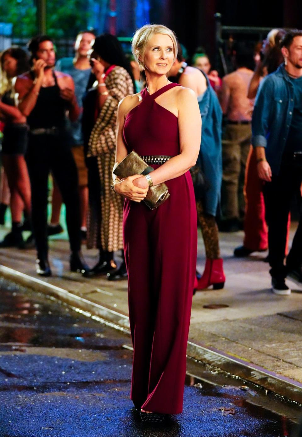 <p>Cynthia Nixon as Miranda was utterly elegant in a halterneck jumpsuit by New York-based label Likely. </p>