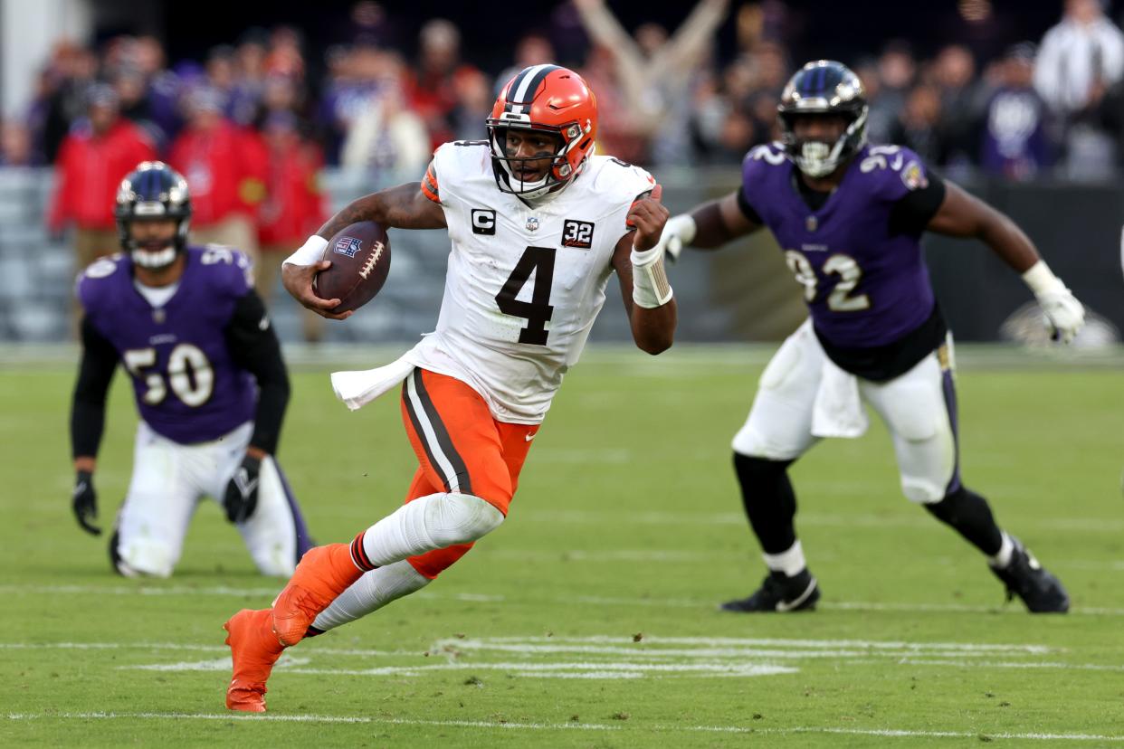 Deshaun Watson #4 of the Cleveland Browns runs the ball against the Baltimore Ravens during the fourth quarter at M&T Bank Stadium on November 12, 2023 in Baltimore, Maryland.