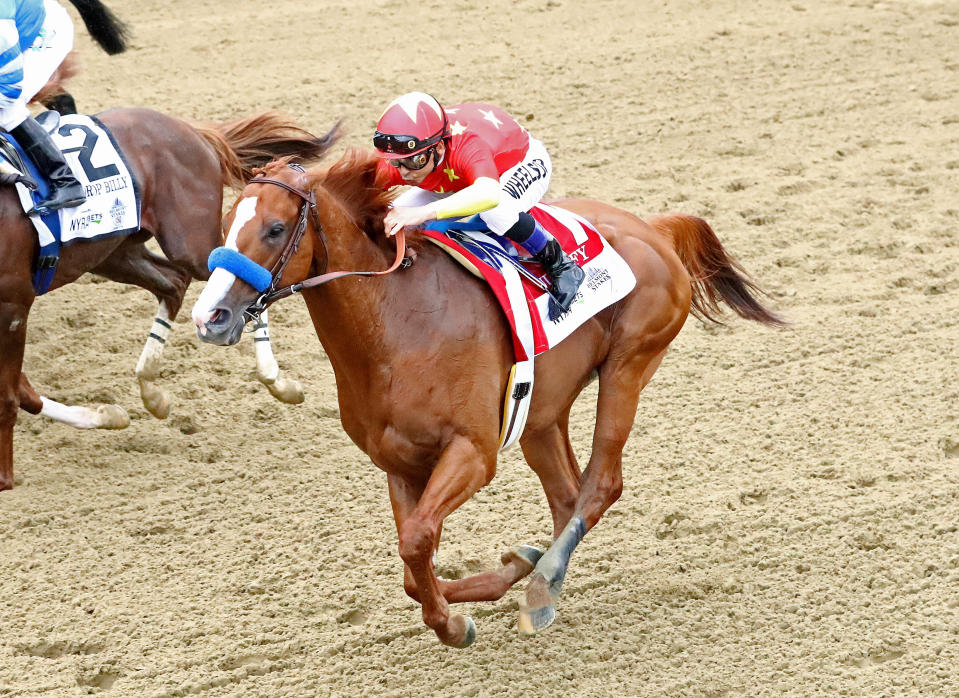 Justify’s racing future has been put on hold just one month after winning the Triple Crown due to a front left ankle injury. (Getty Images)